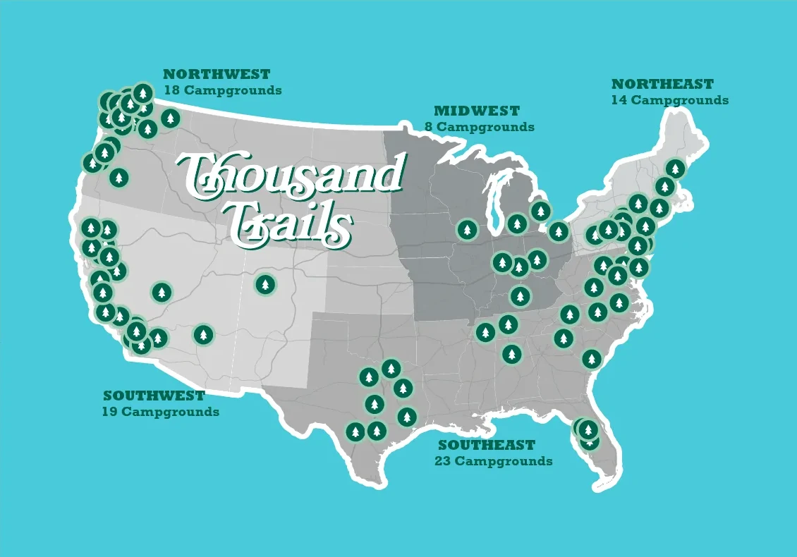 Map of Thousand Trails campground regions across the United States